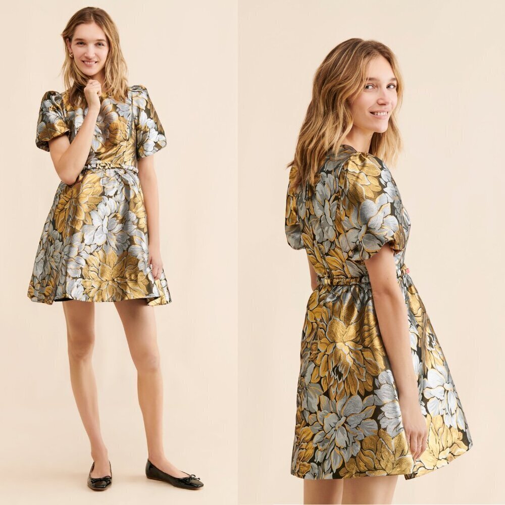 Lilly Pulitzer Priyanka Floral Metallic Puff Sleeve Dress Size 8